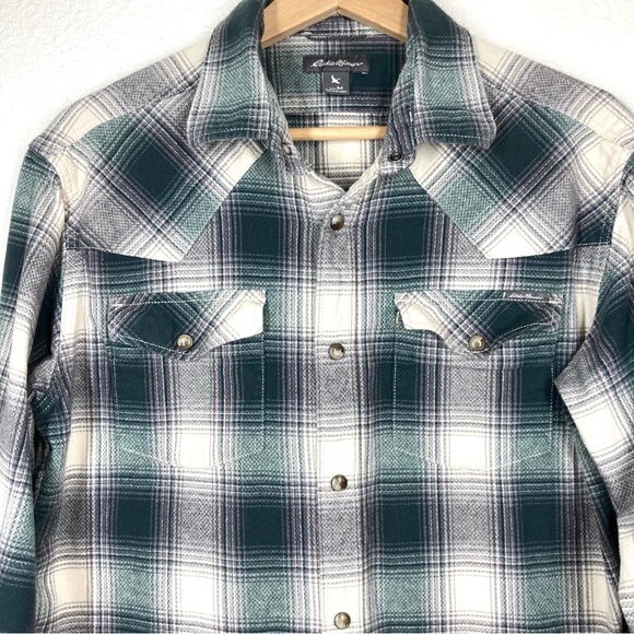 Eddie Bauer Western Shirt Plaid Button Up Snap Perl Mens M Long Sleeves Green - Picture 2 of 13